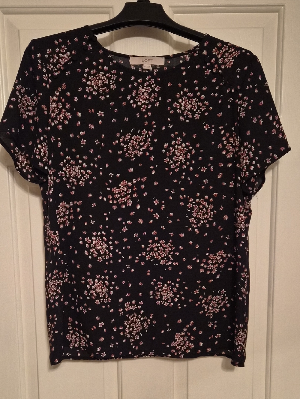 LOFT Navy Floral Short Sleeve Blouse with Pink Accents